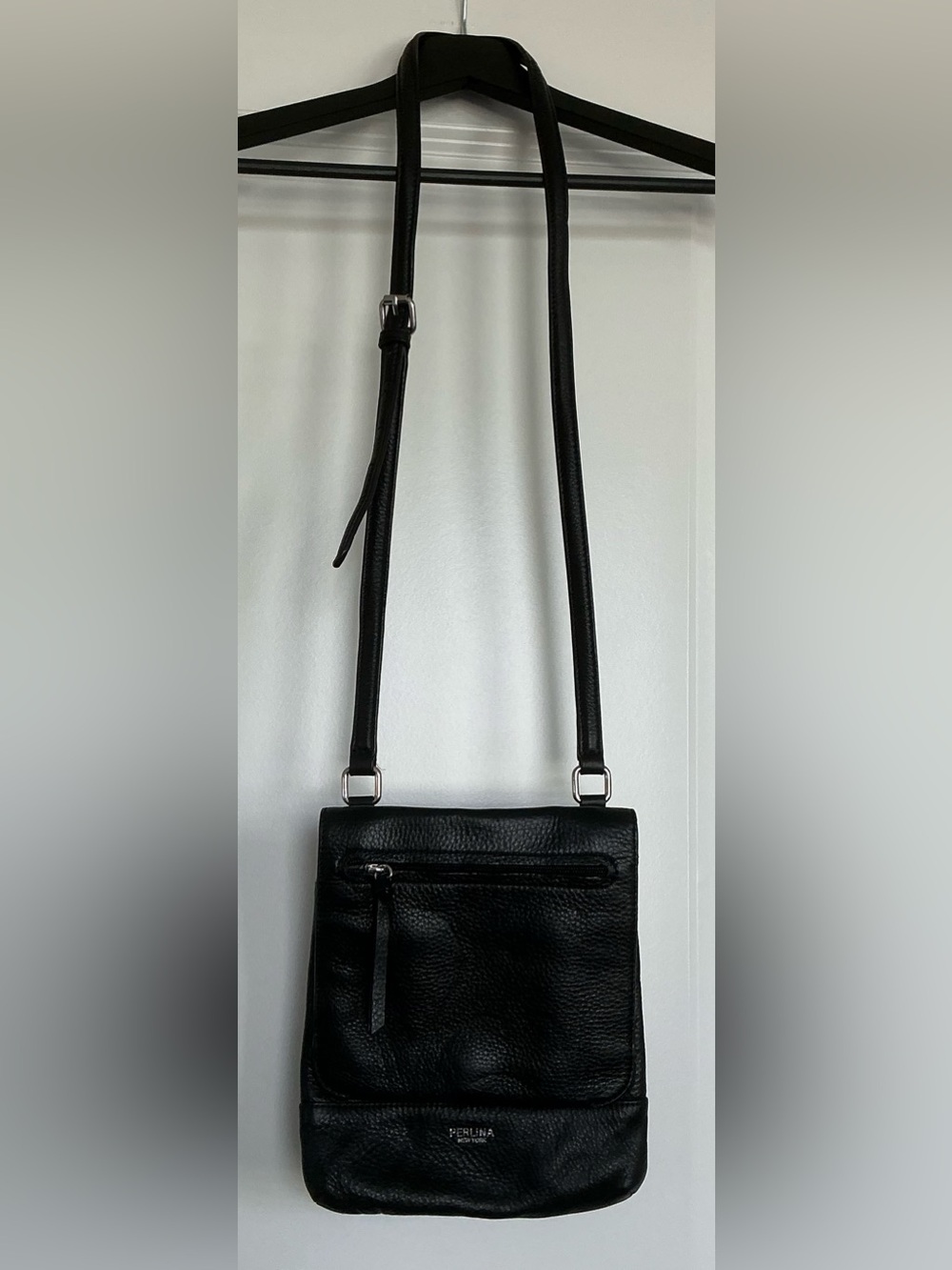 Perlina New York Black Pebbled Leather Crossbody Bag Flap Purse Organizer